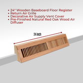 24" Wooden Baseboard Floor Register | Return Air Grille | Decorative Air Supply Vent Cover | Pre-Finished Natural Red Oak Wood Air Diffuser